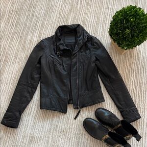 All Saints Black Leather Moto Bomber Jacket Size 0
